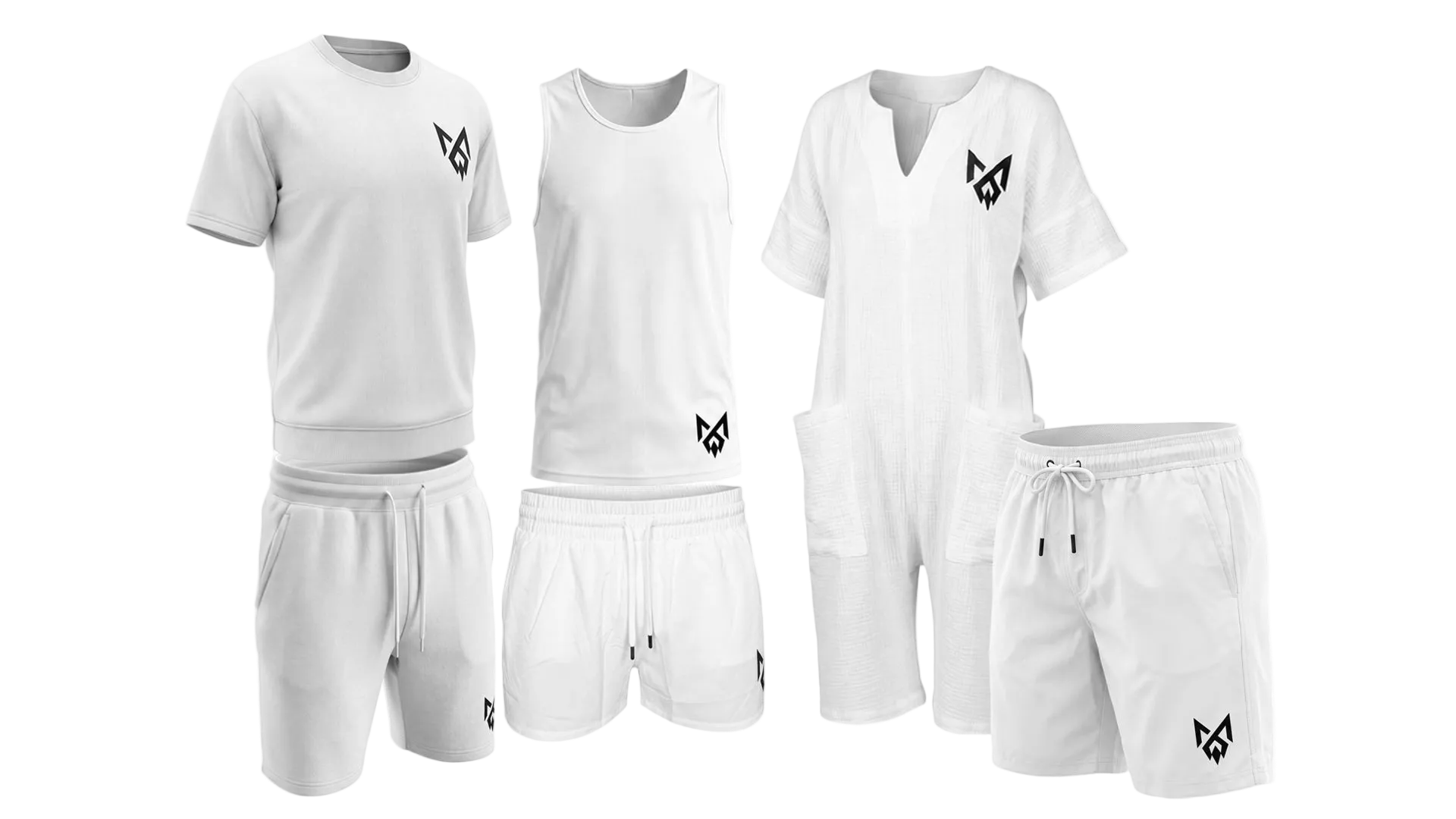 <ilkWhite Summer Collection - Each piece has a small black MilkWhite logo on the chest or leg.