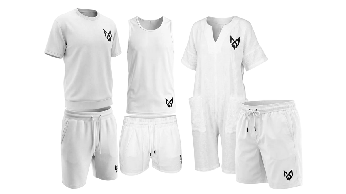 <ilkWhite Summer Collection - Each piece has a small black MilkWhite logo on the chest or leg.