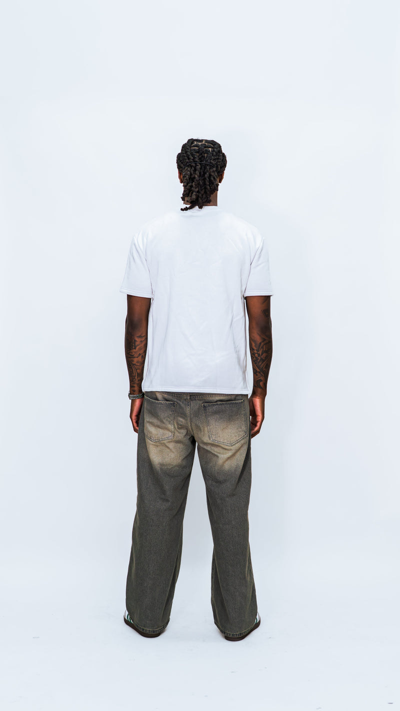 Full-length rear view of a model wearing the white MilkWhite Short Sleeve Sweatshirt, showing its plain back and short sleeves.