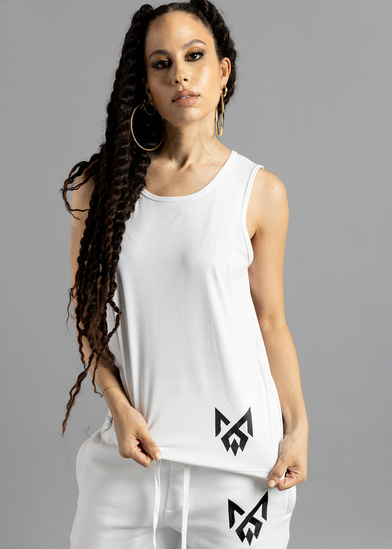Model wearing a premium white Egyptian cotton MilkWhite tank top